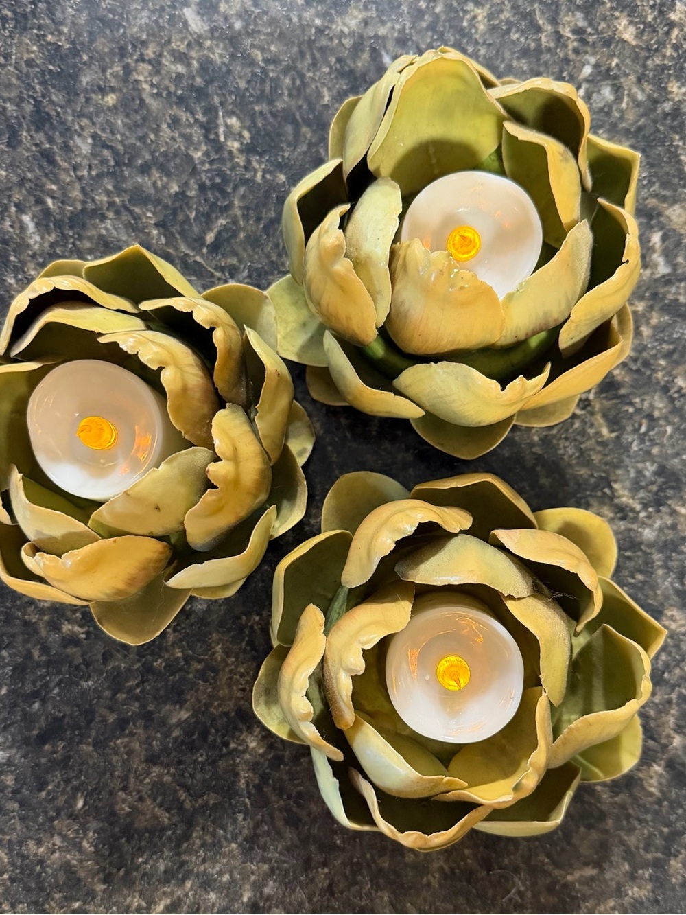 Set of 3 Green Resin Artichoke Candle Holders with votive candles included